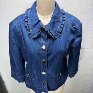 BE Designs Womens Small Blue‎ Denim Ruffle Sleeve Collar Jean Jacket Summer Cute